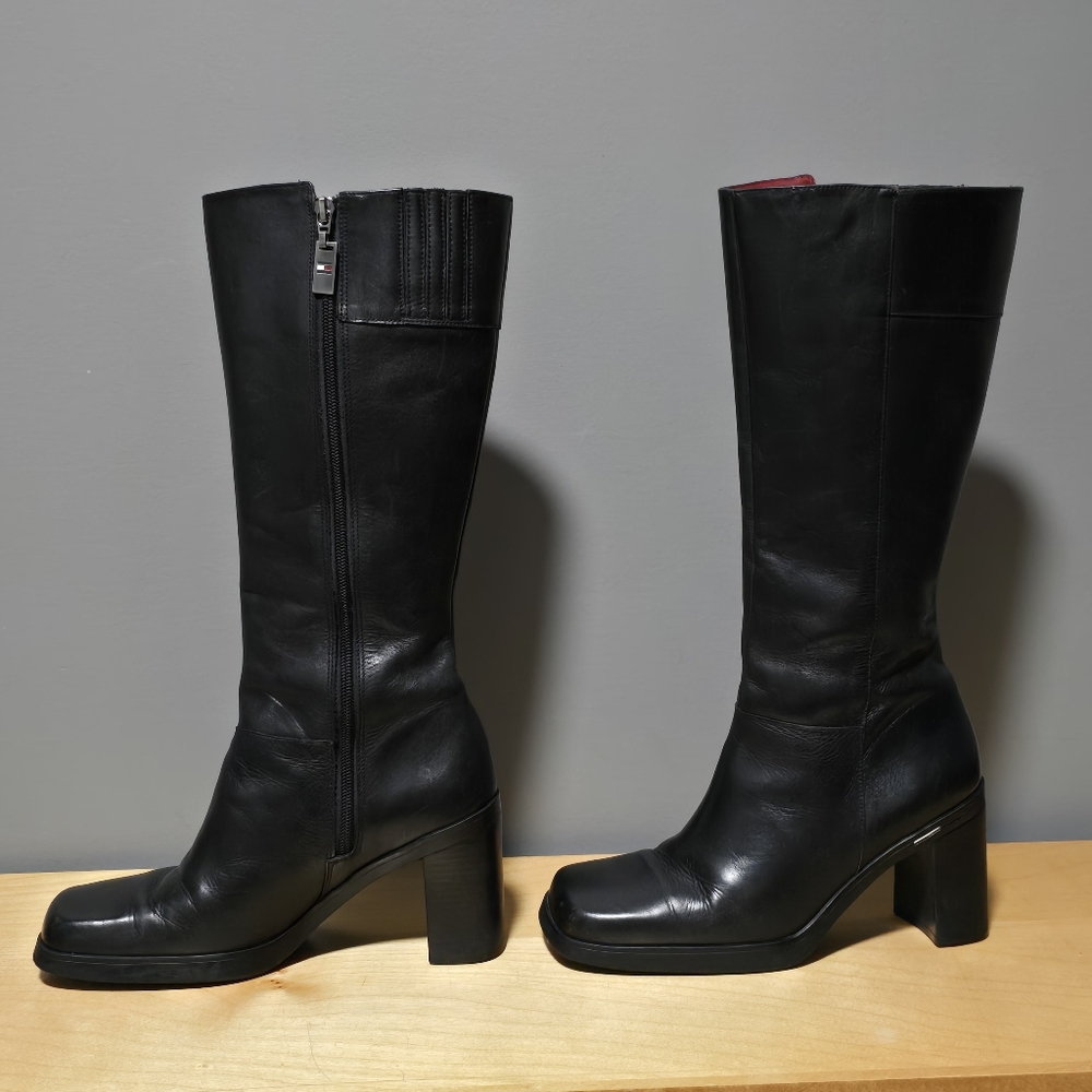 Tommy Hilfiger Black Leather Knee-High Heeled Boots
